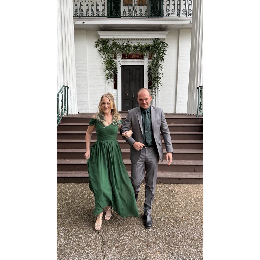 Tearmeily Emerald Green Chiffon Off Shoulder Corset Back Bridesmaids Dress sz 4 - Picture 7 of 10